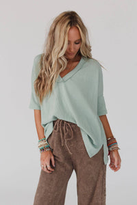 On The Go V Neck Ribbed Essential Tee - Sage: L