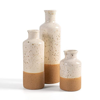 CUCUMI Ceramic Vase Set 3pcs Boho Table Decor, White and Brown Duotone, Boho Living Room Decor, Small Vases, Coffee Table Decorations for Living Room
