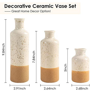 CUCUMI Ceramic Vase Set 3pcs Boho Table Decor, White and Brown Duotone, Boho Living Room Decor, Small Vases, Coffee Table Decorations for Living Room