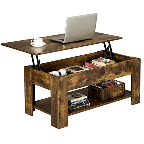Yaheetech Vintage Coffee Table, Lift Top Coffee Table with Large Hidden Storage Shelf, Lift Tabletop Dining Table for Living Room, Home Small Space, 38.6in, Rustic Brown