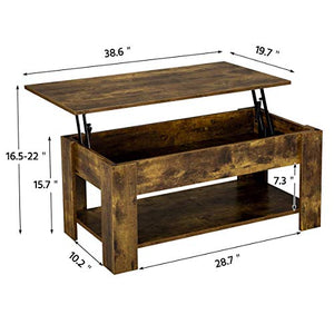 Yaheetech Vintage Coffee Table, Lift Top Coffee Table with Large Hidden Storage Shelf, Lift Tabletop Dining Table for Living Room, Home Small Space, 38.6in, Rustic Brown