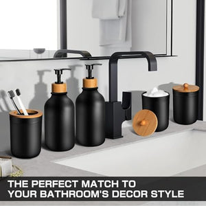 ALPIRIRAL Black Bathroom Accessories Set 5 Pcs, Matte Black Bathroom Accessories, Plastic Soap Dispenser and Toothbrush Holder Set, Qtip & Cotton Ball Holder, Black Bathroom Set, Boho Bathroom Decor