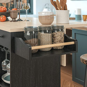 IRONCK Rolling Kitchen Island Cart with Drop-Leaf and Wine Rack, Microwave Rack Serving Cart on Wheels with Drawer & Shelves & Spice Rack & Cup Hanging, Black