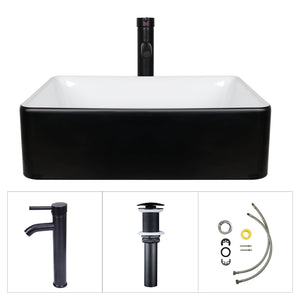 Puluomis 24-Inch Traditional Bathroom Vanity with Square Black and White Ceramic Porcelain Sink Top, Wood Single Vessel Sink Bowl with Faucet Set