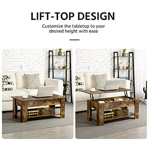 Yaheetech Vintage Coffee Table, Lift Top Coffee Table with Large Hidden Storage Shelf, Lift Tabletop Dining Table for Living Room, Home Small Space, 38.6in, Rustic Brown