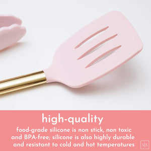 Gold & Pink Kitchen Utensil Set with Holder - Pink Cooking Utensils:Gold Whisk,Gold Ladle,Pink Spatula,Gold Tongs,Pink Spoon,Turner,Gold Utensil Holder - Pink Kitchen Accessories & Pink Kitchen Decor