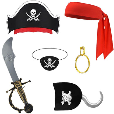 FUEAWIM 6 Pcs Pirate Accessories Include Pirate Headband Hat Eye Patch Hook Pirate Costume Accessories Halloween Priate Party Supplies