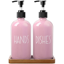 ALELION Dish Soap Dispenser for Kitchen - 16 OZ Glass Hand Soap Dispenser Set with Acacia Wood Tray - Pink Kitchen Bathroom Decor and Accessories