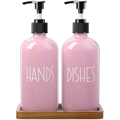ALELION Dish Soap Dispenser for Kitchen - 16 OZ Glass Hand Soap Dispenser Set with Acacia Wood Tray - Pink Kitchen Bathroom Decor and Accessories