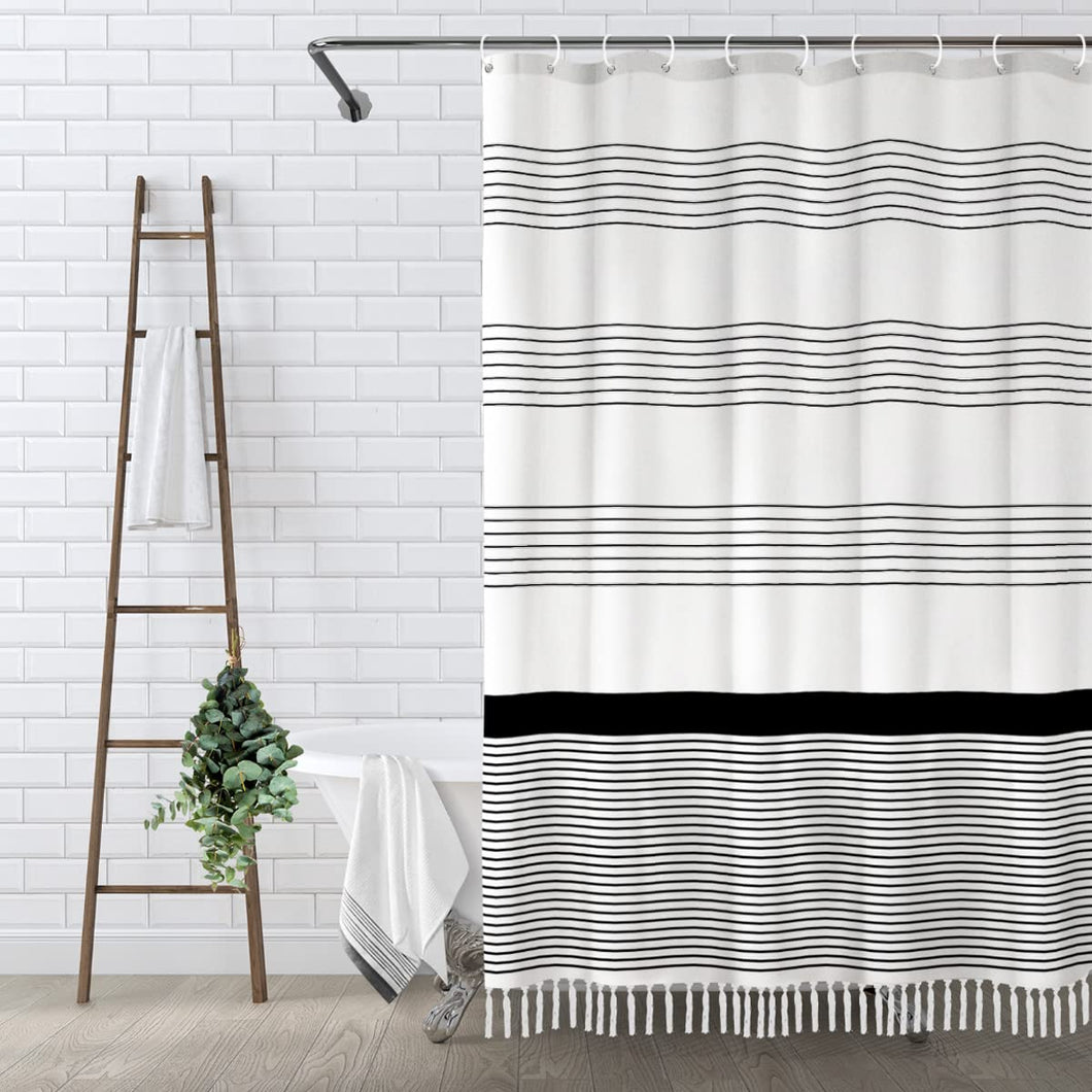 Awellife Black and White Shower Curtain for Bathroom Stripe Tassel Shower Curtain 72 X 72 Inches Farmhouse Linen