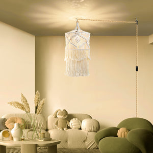 Boho Plug in Pendant Light, 15FT Hanging Lights with Plug in Cord, Pendant Lights with Handmade Macrame Lamp Shade, Hemp Rope Cord and On/Off Switch, Hanging Lamp for Boho Bedroom Decor Living Room