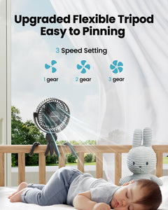 Gaiatop Mini Portable Stroller Fan, Battery Operated Small Clip on Fan, Detachable 3 Speed Rechargeable 360° Rotate Flexible Tripod Cooling Fan for Car Seat Crib Treadmill Travel Black