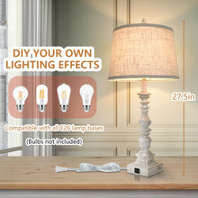 Set of 2 Farmhouse Table Lamps, 27.5'' Tall Rustic Bedside Lamps with 2 USB Ports, Beige Fabric Shade Nightstand Lamp, White Resin Desk Lamp with Rotary Switch for Living Room, Bedroom, Office