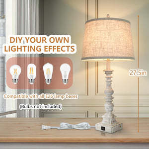 Set of 2 Farmhouse Table Lamps, 27.5'' Tall Rustic Bedside Lamps with 2 USB Ports, Beige Fabric Shade Nightstand Lamp, White Resin Desk Lamp with Rotary Switch for Living Room, Bedroom, Office