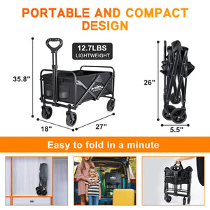 Collapsible Wagon Carts Foldable, Heavy Duty Beach Folding Wagon Cart with Wheels, Large Capacity Portable Utility Grocery Wagon for Shopping, Sports, Camping, Garden