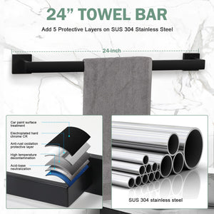 VELIMAX Premium Stainless Steel 4 Pieces Bathroom Hardware Accessories Set Wall Mounted Towel Bar Set, Matte Black, 24-Inch
