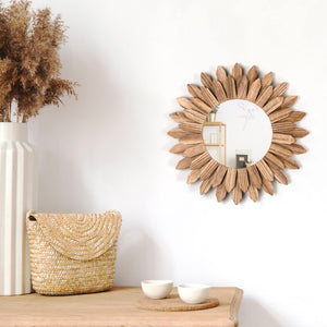 Honiway Wall Mirror Decorative 12 inch Rustic Wood Mirror Sunburst Boho Mirror for Entryway Bedroom Living Room Bathroom House Warming Gifts New Home Essential Carbonized Black