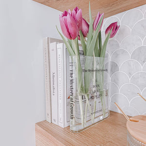 Puransen Bookend Vase for Flowers, Cute Bookshelf Decor, Unique Vase for Book Lovers, Artistic and Cultural Flavor Acrylic Vases for Home Office Decor, A Book About Flowers (Clear - B)