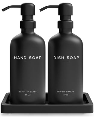 Black Glass Hand and Dish Soap Dispenser Set by Brighter Barns - Kitchen Soap Dispenser Set with Tray - Matte Black Soap Dispenser for Kitchen Sink - Black Kitchen Decor, Bathroom Accessories (Black)