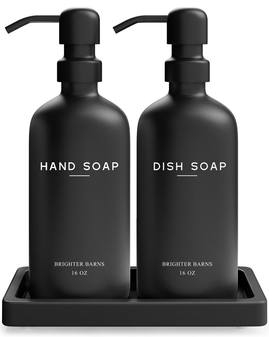 Black Glass Hand and Dish Soap Dispenser Set by Brighter Barns - Kitchen Soap Dispenser Set with Tray - Matte Black Soap Dispenser for Kitchen Sink - Black Kitchen Decor, Bathroom Accessories (Black)