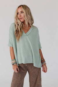 On The Go V Neck Ribbed Essential Tee - Sage: L