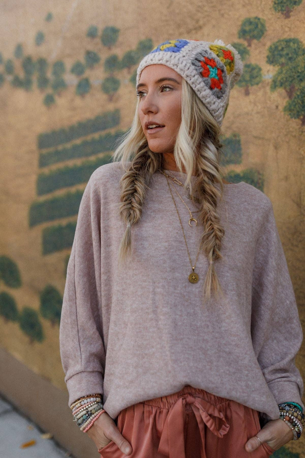 Fly With Me Batwing Sleeve Knit Sweater - Sand: L