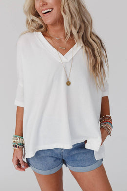 On The Go V Neck Ribbed Essential Tee - Off White: XL
