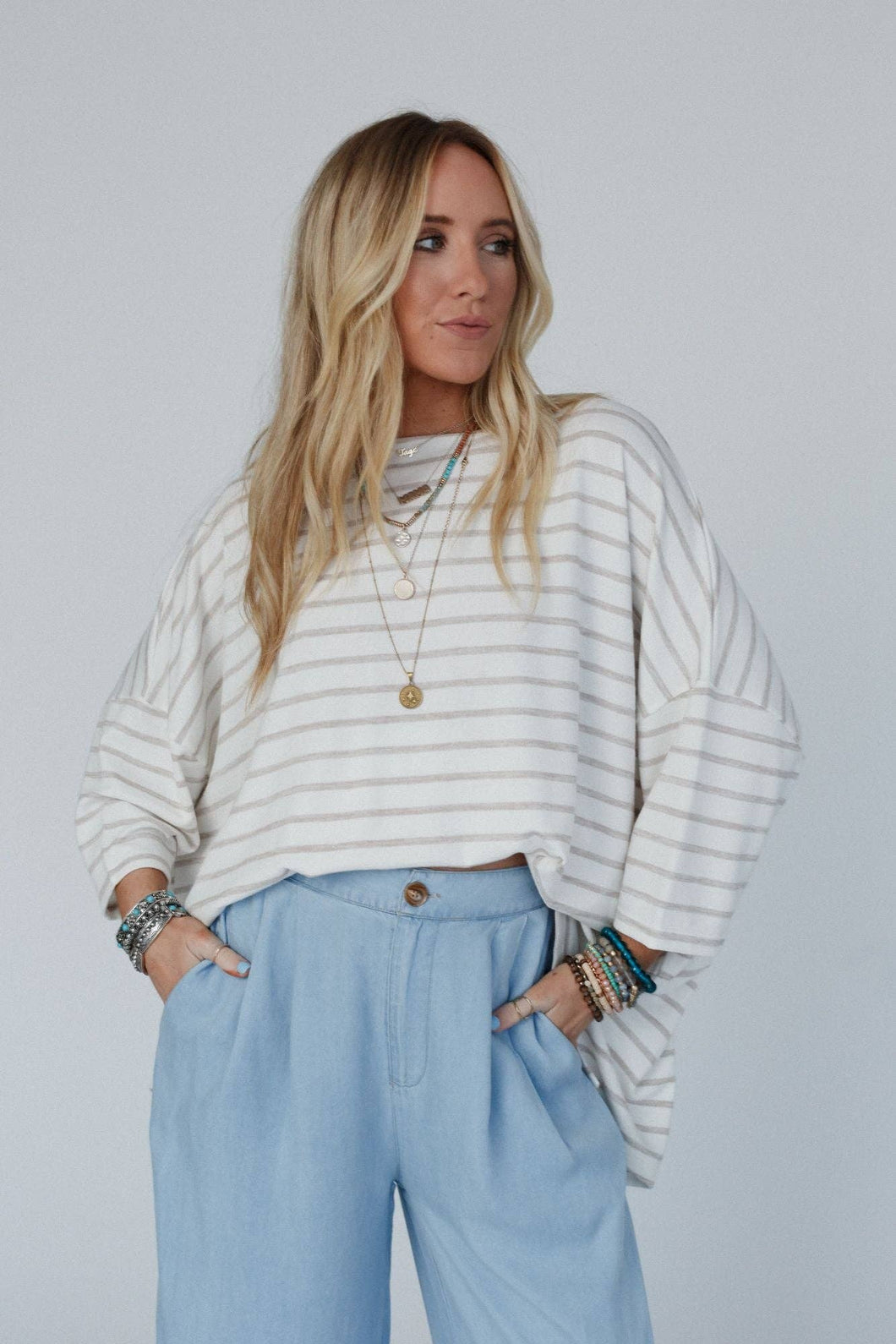 Swaying Stripes Top - Oatmeal: XL
