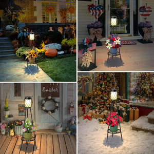 Solar Lights Outdoor Street Lights with Plant Stands 2 Pack, Solar Floor Lamp Metal Tripod Patio Lights for Garden Yard Pathway Driveway Front/Back Porch Decoration