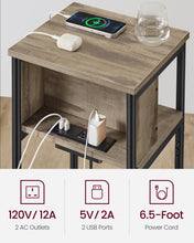 VASAGLE Side Table with Charging Station, 3-Tier End Table with USB Ports and Outlets, Nightstand for Living Room, Bedroom, 11.8 x 13.4 x 22.8 Inches, Plug-in Series, Camel Brown and Black