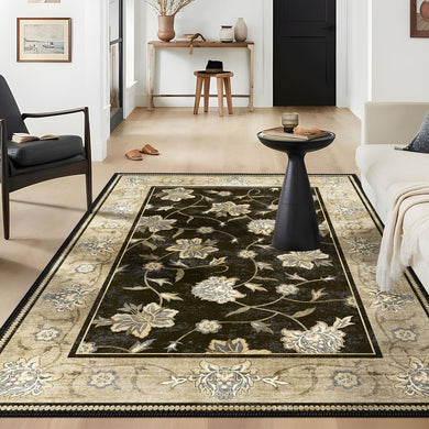 5x7 Area Rugs for Bedroom Living Room, Vintage Machine Washable Throw Rug with Rubber Backing, Large Boho Neutral Non-Slip Carpet for Dining Room, Kitchen, 5x7ft, Black/Champagne