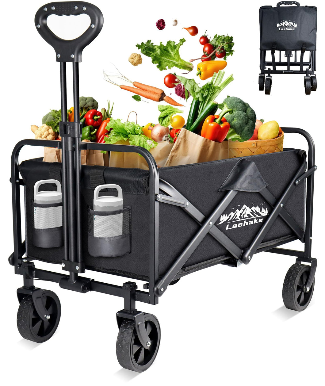 Collapsible Wagon Carts Foldable, Heavy Duty Beach Folding Wagon Cart with Wheels, Large Capacity Portable Utility Grocery Wagon for Shopping, Sports, Camping, Garden
