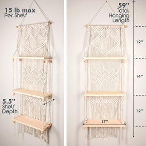 SnugLife Macrame Wall Hanging Shelf - 3 Tier Wall Plant Hanger Shelves with Handmade Woven Rope - Boho Shelves Organizer for Kitchen, Bathroom, Home Storage, Floating Plant Shelf (Pine Wood)