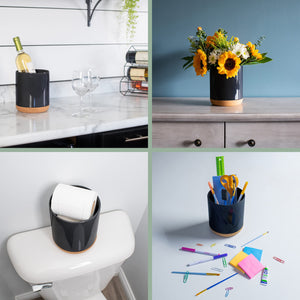 Elanze Designs Glossy X-Large Ceramic Stoneware Cork Bottom Kitchen Utensil Holder, Black