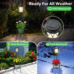 Solar Lights Outdoor Street Lights with Plant Stands 2 Pack, Solar Floor Lamp Metal Tripod Patio Lights for Garden Yard Pathway Driveway Front/Back Porch Decoration