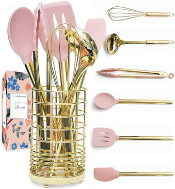 Gold & Pink Kitchen Utensil Set with Holder - Pink Cooking Utensils:Gold Whisk,Gold Ladle,Pink Spatula,Gold Tongs,Pink Spoon,Turner,Gold Utensil Holder - Pink Kitchen Accessories & Pink Kitchen Decor