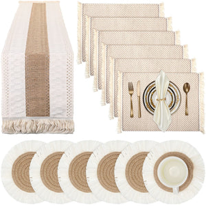 Boho Macrame Table Runner Placemat and Coaster Set of 13, Rustic Table Runner with Tassel Absorbent Boho Placemat Natrual Burlap Farmhouse Coaster for Drink Bohemian Dining Kitchen Desk Decor (Retro)