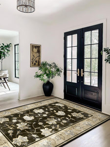 5x7 Area Rugs for Bedroom Living Room, Vintage Machine Washable Throw Rug with Rubber Backing, Large Boho Neutral Non-Slip Carpet for Dining Room, Kitchen, 5x7ft, Black/Champagne