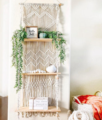 SnugLife Macrame Wall Hanging Shelf - 3 Tier Wall Plant Hanger Shelves with Handmade Woven Rope - Boho Shelves Organizer for Kitchen, Bathroom, Home Storage, Floating Plant Shelf (Pine Wood)