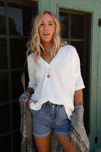On The Go V Neck Ribbed Essential Tee - Off White: XL