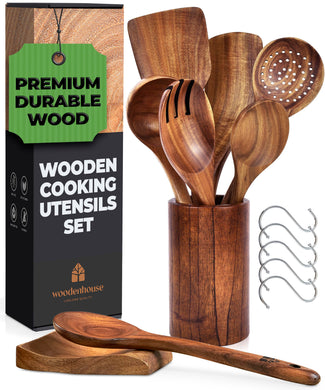 Wooden Spoons for Cooking, Wooden Cooking Utensils Set, Wooden Utensil Set with Holder, Spoon Rest & Hooks, Teak Wood Nonstick Kitchen Cookware – Set of 8pcs by Woodenhouse
