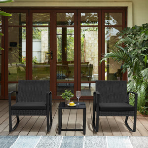 Greesum 3 Pieces Outdoor Furniture Set Patio Bistro Rocking Chairs with Glass Coffee Table for Pool Beach Backyard Balcony Porch Deck Garden, Black