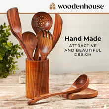 Wooden Spoons for Cooking, Wooden Cooking Utensils Set, Wooden Utensil Set with Holder, Spoon Rest & Hooks, Teak Wood Nonstick Kitchen Cookware – Set of 8pcs by Woodenhouse