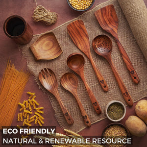 Wooden Spoons for Cooking, Wooden Cooking Utensils Set, Wooden Utensil Set with Holder, Spoon Rest & Hooks, Teak Wood Nonstick Kitchen Cookware – Set of 8pcs by Woodenhouse