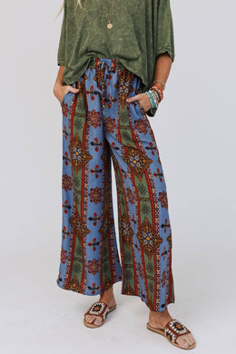 Hazel Printed Wide Leg Pant - Blue: L