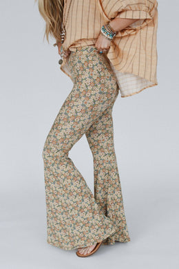 Dream in Flowers Flare Pants - Denim Khaki: L