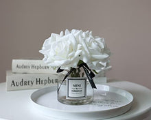 grtefhu Artificial Flowers with White Roses in Vase, Fake Flowers in Glass Jar with Ribbon, Silk Flower Arrangements in Vase with Artificial Flowers for Home Dining Table Decor.