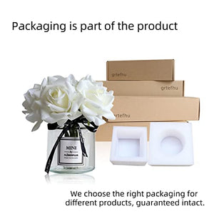 grtefhu Artificial Flowers with White Roses in Vase, Fake Flowers in Glass Jar with Ribbon, Silk Flower Arrangements in Vase with Artificial Flowers for Home Dining Table Decor.