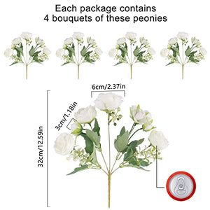 Artificial Peonies Silk Flowers, White Faux Peony Bouquet 4 Bundles Florals Arrangements Decor for Farmhouse Home Boho Wedding Table Centerpiece, Fake Plastic Flowers Bulk Vase Decoration (White)