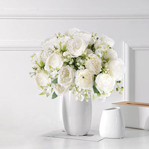 Artificial Peonies Silk Flowers, White Faux Peony Bouquet 4 Bundles Florals Arrangements Decor for Farmhouse Home Boho Wedding Table Centerpiece, Fake Plastic Flowers Bulk Vase Decoration (White)